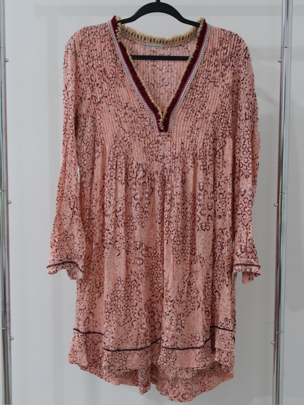 Poupette St. Barth Dusty Pink Printed V-Neck Mini Dress with Contrast Trim